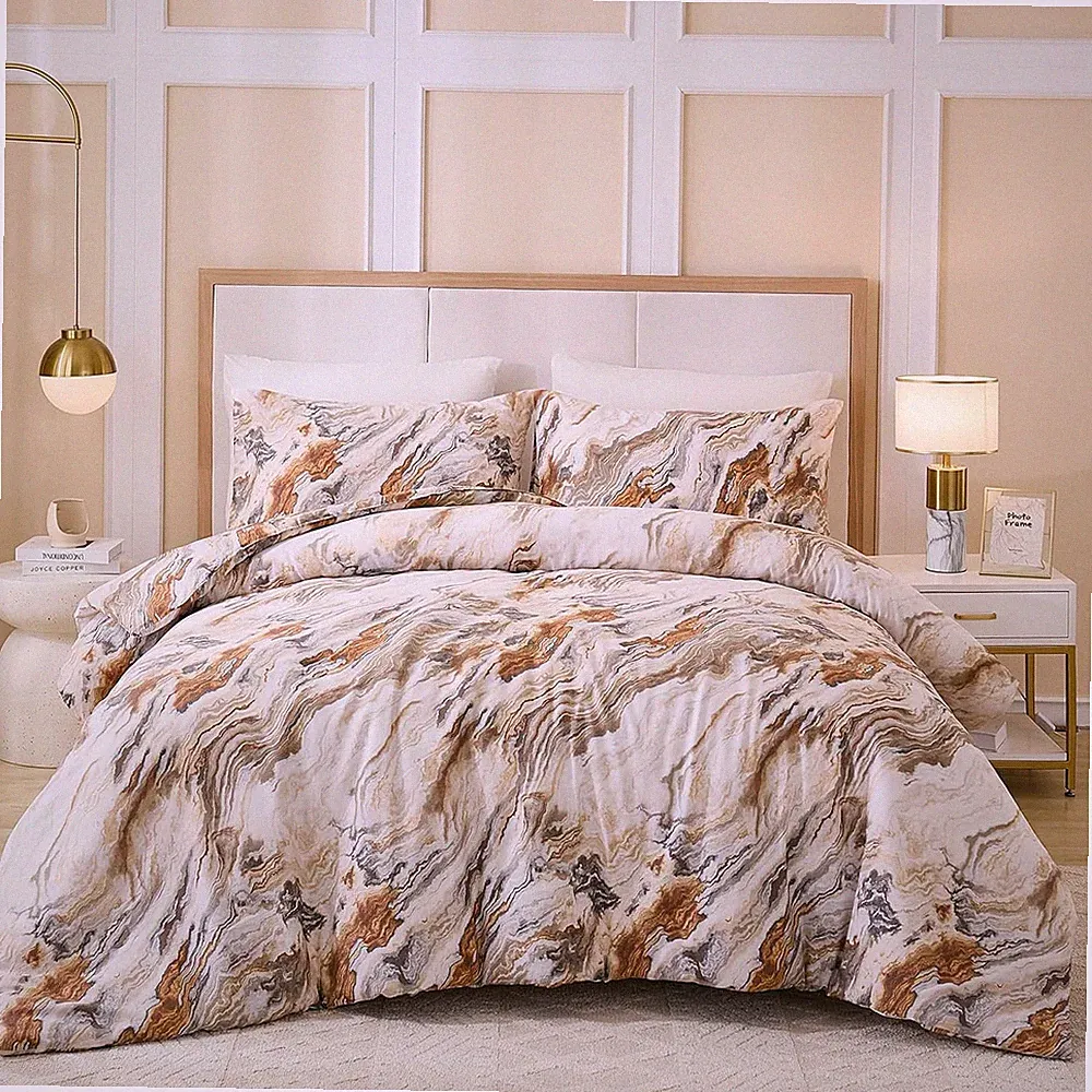 100% Cotton Comforter Set Queen Size 3 Pcs Taupe Marble Bedding Modern Simple Ab