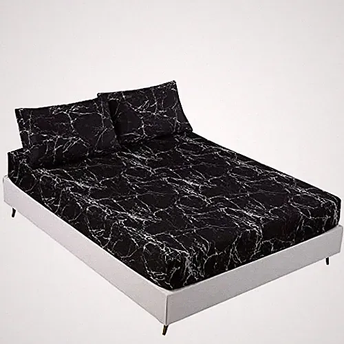 3PCS Black Marble Sheet Set,Soft Microfiber Bed Queen Black-marble