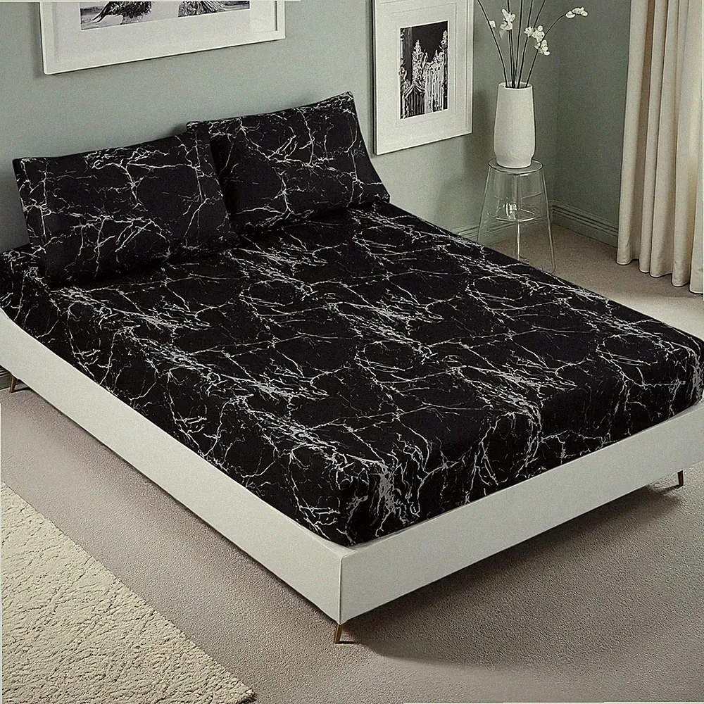 3PCS Black Marble Sheet Set,Soft Microfiber Bed Sheet,Marble Bedding Sheet Se...