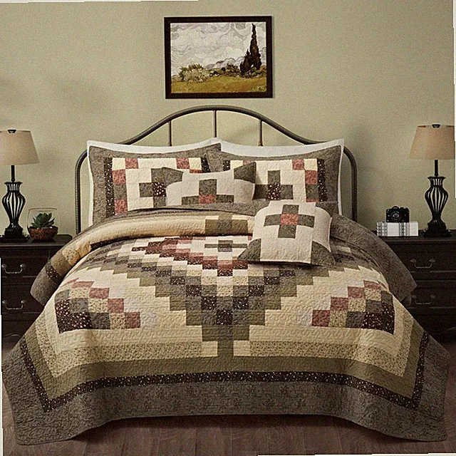 5 Peice Patchwork California King Size Quilt Set Green and Red Beige Oversize...