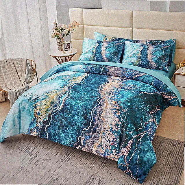 6 Pcs Teal Marble Comforter Set Queen Watercolor Marble Printed Quilt Set Luxury