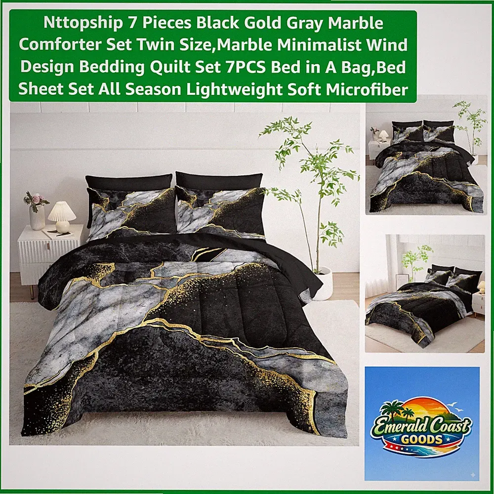 Art Deco Marble Twin Bedding Set - 7 Pieces with Soft Microfiber Finish