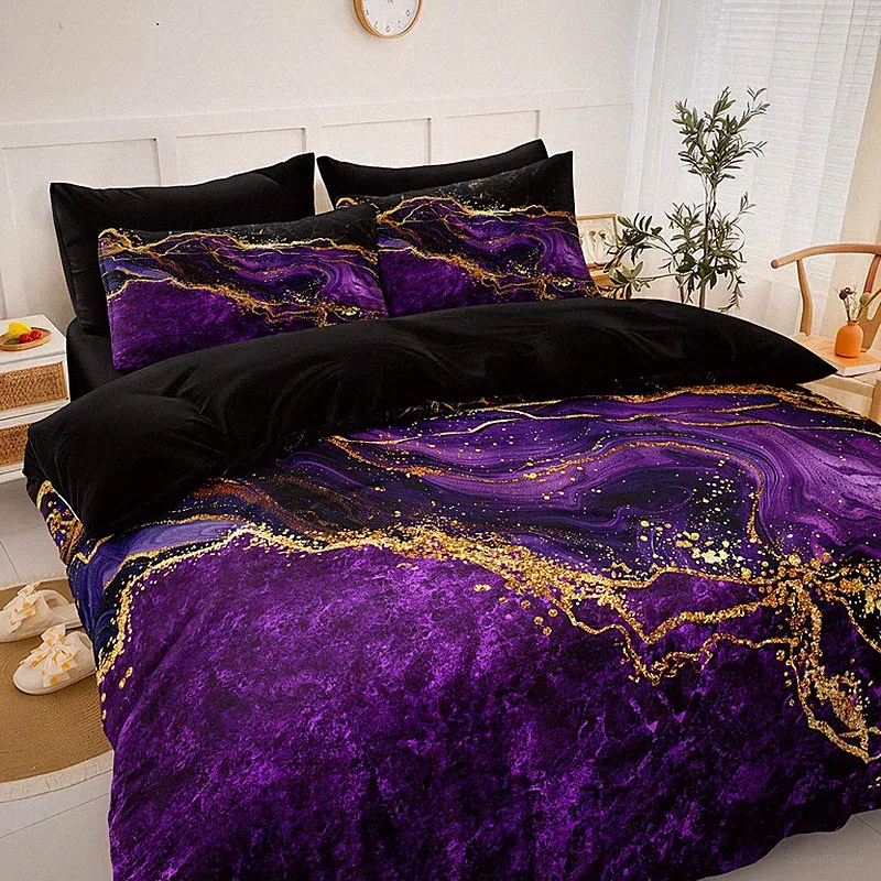 Bedorm Black Gold Comforter Set Purple Marble Bedding Set Queen Size Black