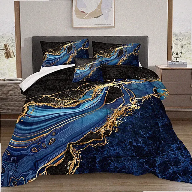 Bedorm Black Gold Comforter Set Queen Size Blue Marble Bedding Comforter Ocean