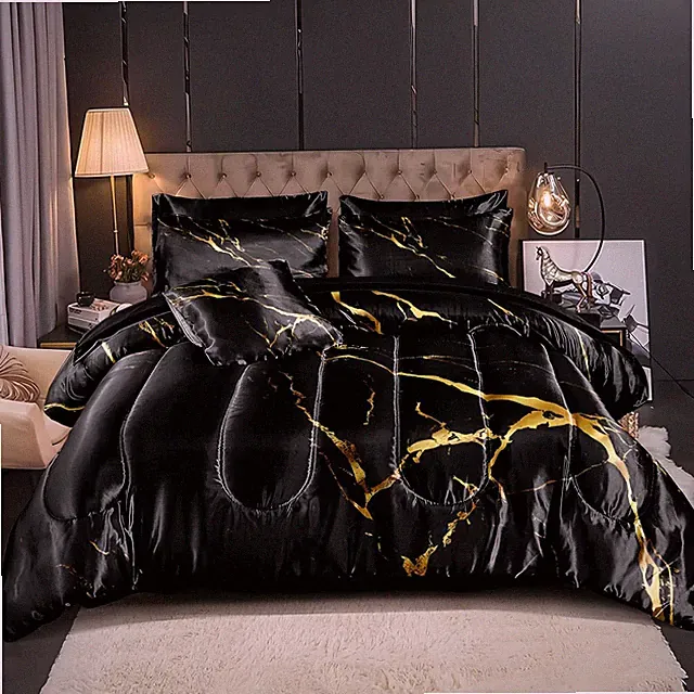 Black Gold Marble Comforter Queen Size with Sheet Set 8 Pcs Bed in a Bag Satin B