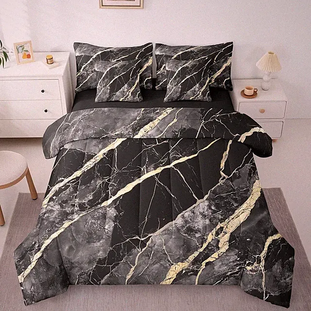 Black Grey Marble Bed in A Bag 7 Pc Comforter Set Golden Cracked Lines