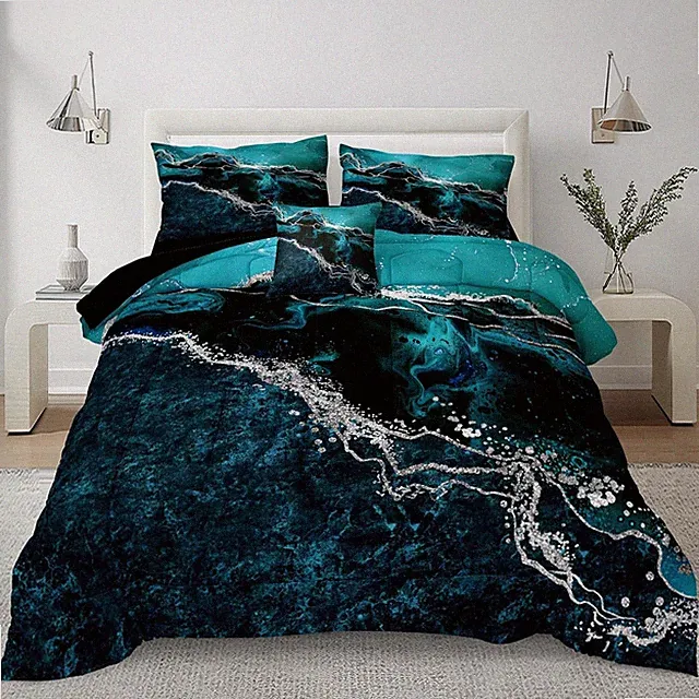 Black Marble Comforter Queen Bedding Set 3 Piece Turquoise Blue Marble Stone