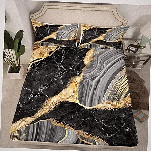 Black Marble Fitted Sheet Gold Metallic Marble Design Bedding Queen Multi Aa01
