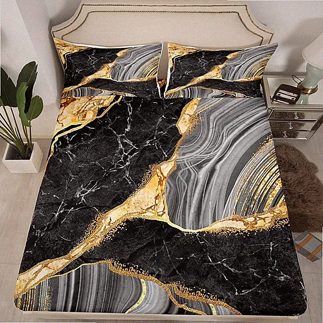 Black Marble Fitted Sheet Gold Metallic Marble Design Bedding Set Abstract Ma...