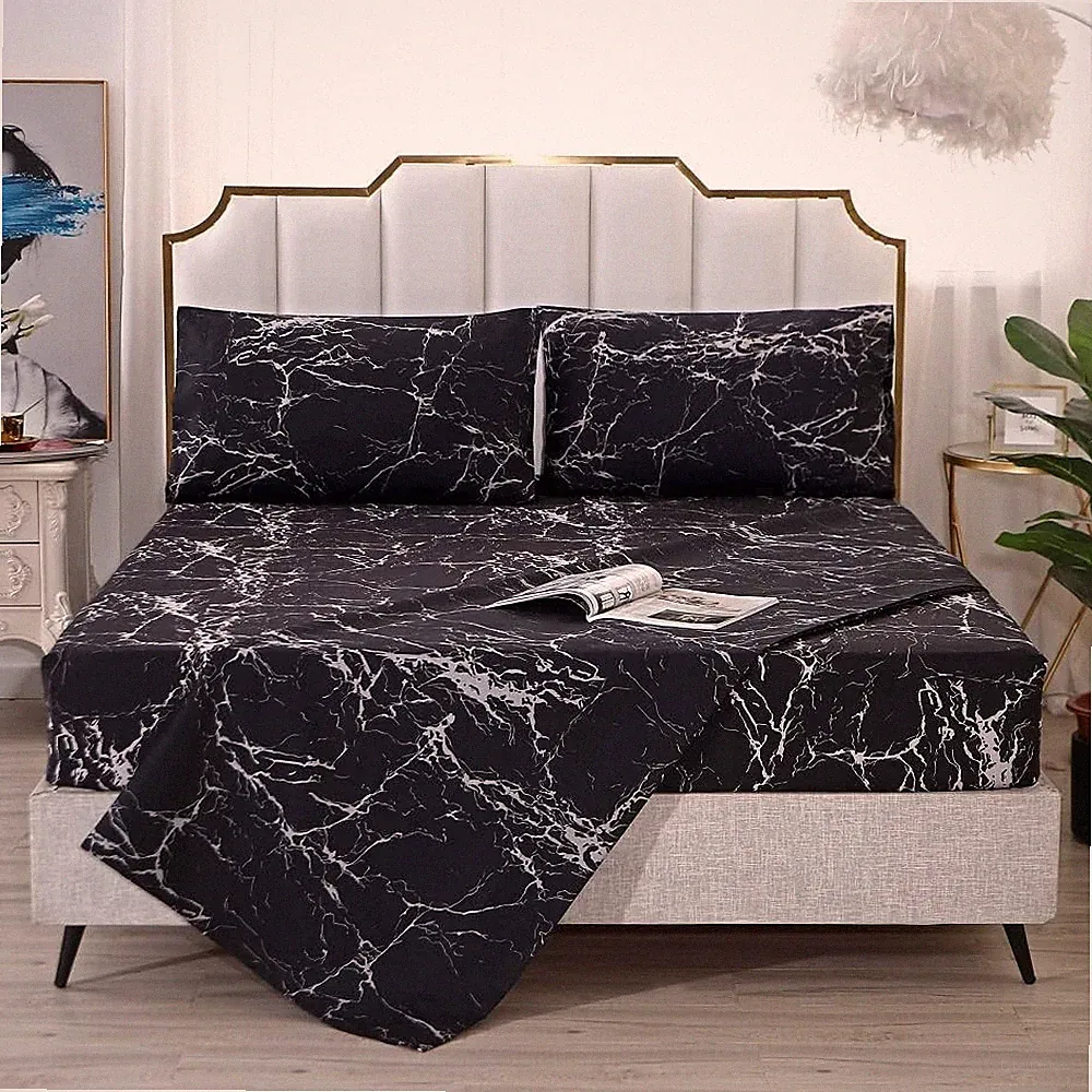 Black Marble, Super Soft Microfiber Bed Sheet 4PC, Marble Bedding Sheet Set Incl