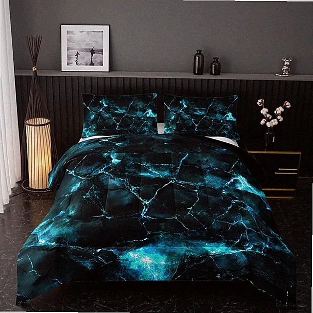 Blue Marble Comforter Set Queen Size 3pcs Bedding Set Blue Quilt Coverlet with