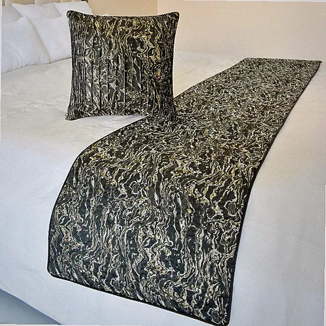 Decorative Queen Bed Runner Black Jacquard Marble Pattern, Quilted - Stellaris