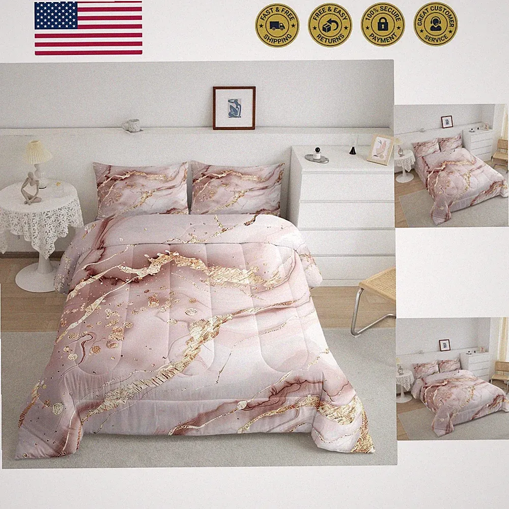 Girls Marble Comforter Set Women Pastel Pink Gold Marble Pattern Bedding Set...
