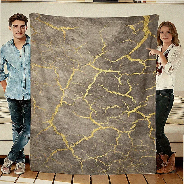 Gold Crack Marble Flannel Blanket Soft Cozy Tapestry Napping Travel Use