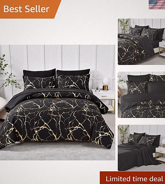 Gold Metallic Marble Comforter Set Queen Size,7 Piece Bed in a Bag,Foil Print...