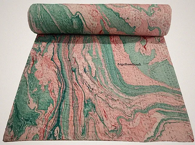 Green Handmade Kantha Throw Blanket Marble Print Reversible Bedspread/Quilt