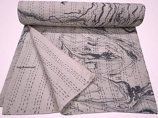 Handmade Kantha Throw Blanket | Grey Marble Print Cotton Bedspread /Bedcover
