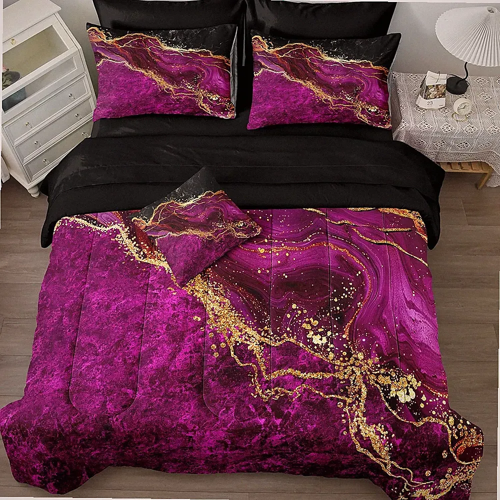 Hot Pink Marble Queen Comforter Set - 8 Pcs Black Gold Bedding Decor