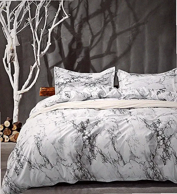 King Bedding Duvet Cover Set White and Black Marble Printed 3 Piece - 1000 -T...