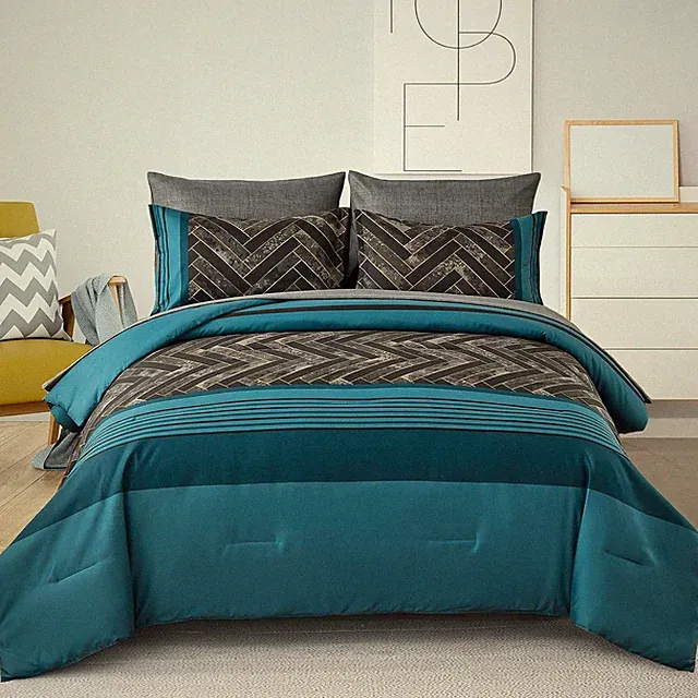 Luxudecor Teal Blue Comforter Set Queen Size, 7 Pieces Blue and Black Stripe Bed