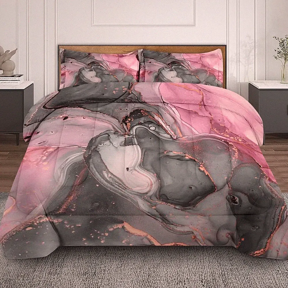 Luxury Gray Pink Marble King Comforter Set with Pillowcases for Elegant Bedrooms