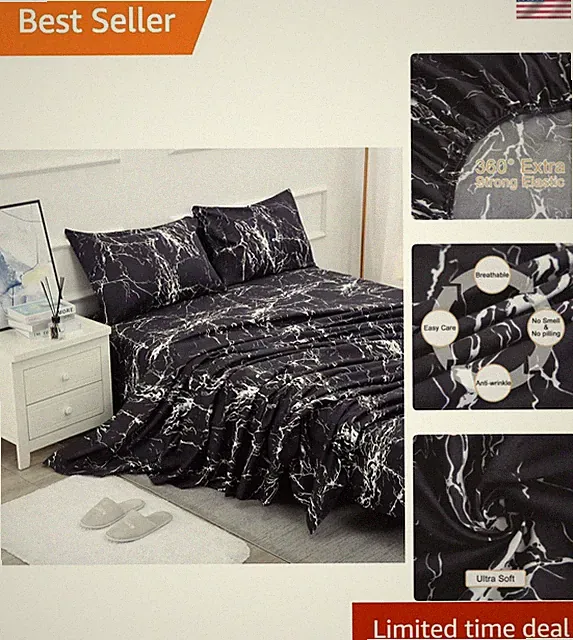 Machine Washable 4-Piece Black Marble Bed Sheet Set - Full Size with 400 TC