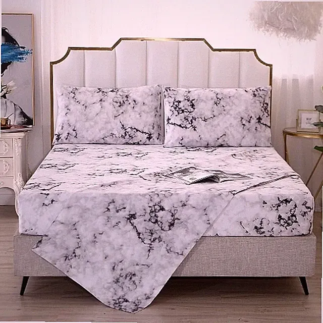MAG Marble Bed Sheet, 4PC Black White and Gray, Full Size Modern Pattern Prin...