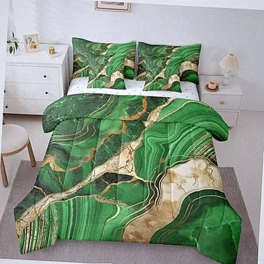 Marble 7 Pcs Comforter Set Queen, Marbling Crack Queen(7-Pieces) Gold Green