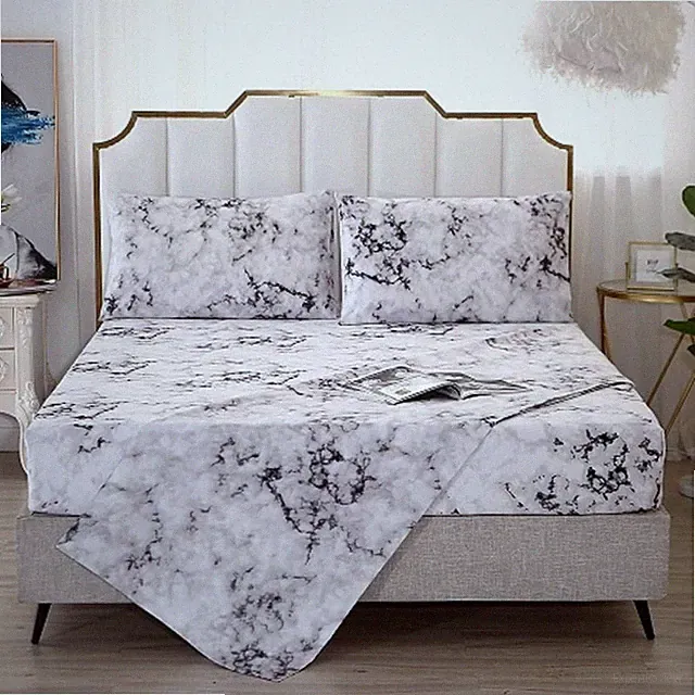 Marble Bed Sheet, 4PC Black White and Gray, Queen Size Modern Pattern Printed Be