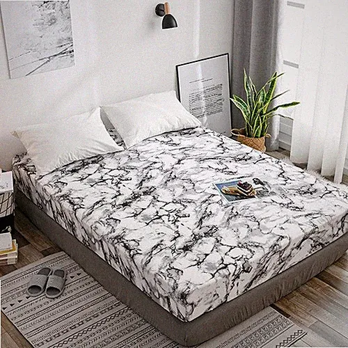 Marble Bed Sheets Black White Elastic Fitted Sheet Mattress Protector Cover