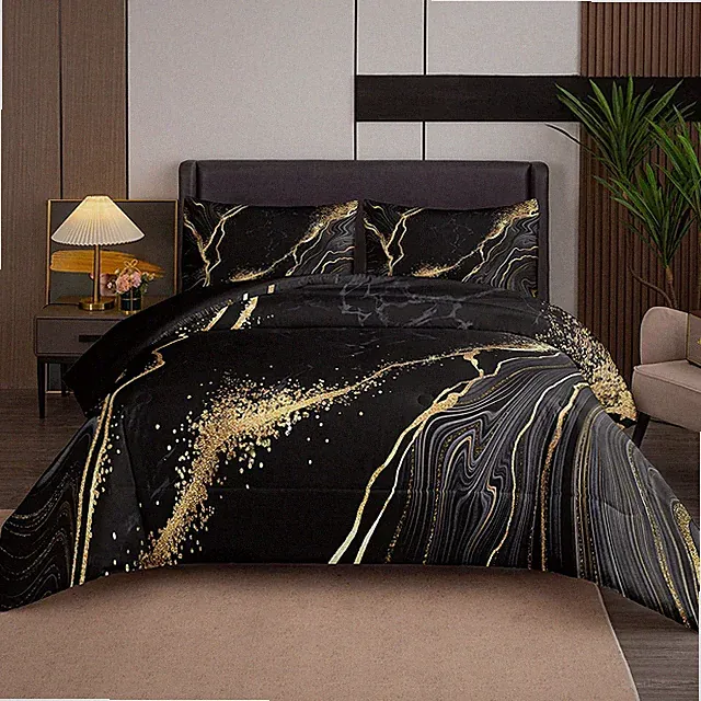 Marble Bedding Set Soft Microfiber Black and Gold Comforter Set Queen Size