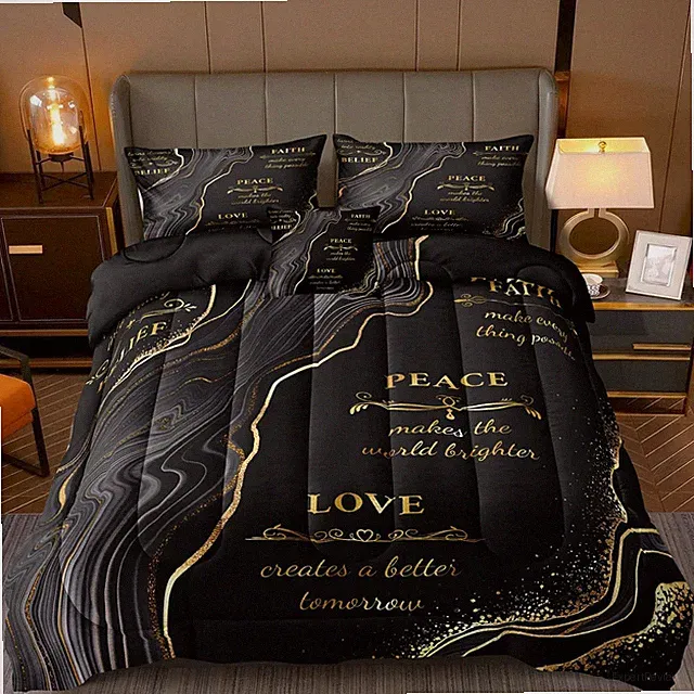Marble Comforter Set King Size 4 Pieces Black and Gold Bedding Set,Inspirational