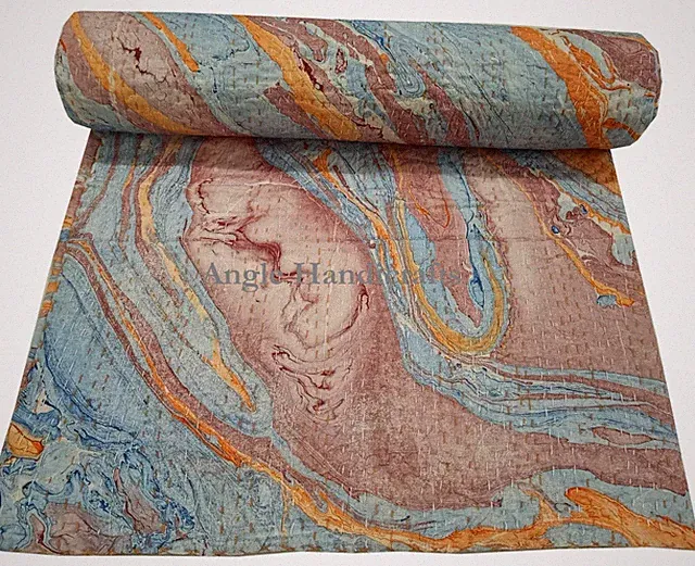 Marble Print Kantha Quilt, Hand-Stitched Cotton Bedspread (90x108 Inches) Sofa