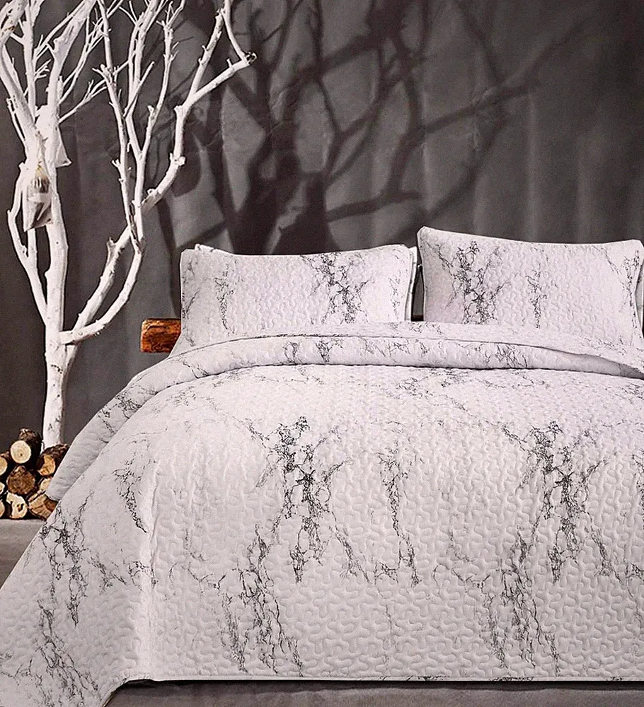 Nanko King Size Quilt Set, White and Grey Black Marble Bedspreads, Soft Light...