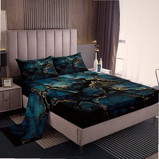 Navy Blue Marble Bed Sheets Set Queen Size Modern Marble Aesthetic Sheet Set...
