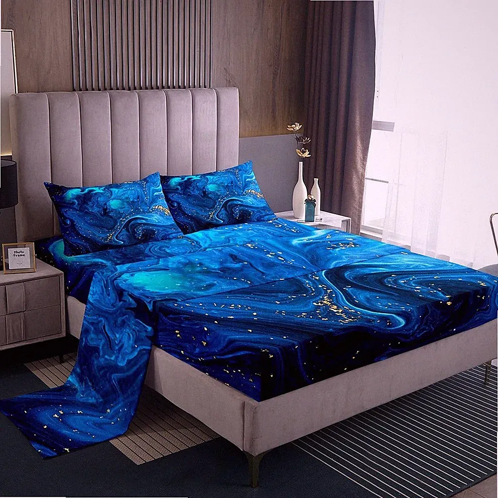 Ombre Blue Marble Bedding Set King, Black And Blue Marble Bed Sheets for Boys...