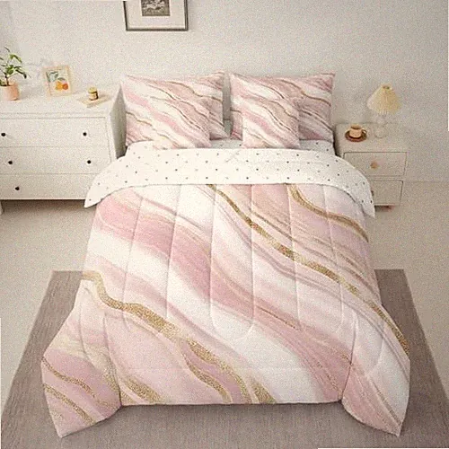 Pink Marble 7 Piece Bedding Sets Size for Girls, Gold Glitter Twin Pink White