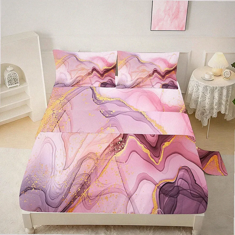 Pink Marble Sheets Set Full for Girls Elegant Pink and Gold Bedding Set with...