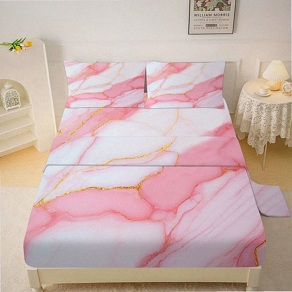 Pink Marble Sheets Set: Twin Size Aesthetic Marbling Bedding for Kids Girls T...