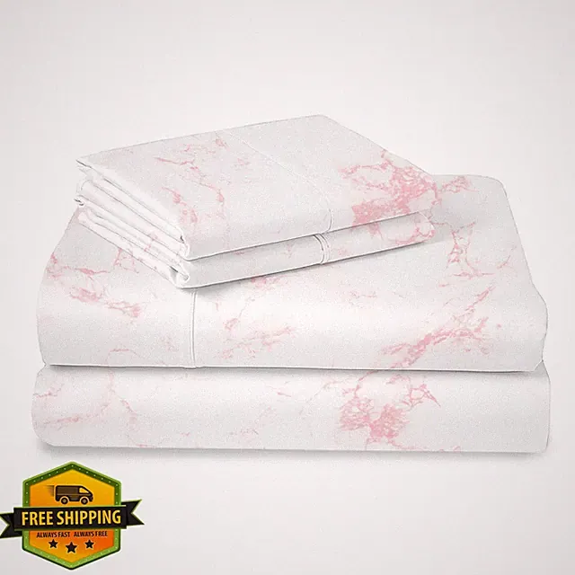 Pizuna Queen Sheet Set Carrara Pink Marble, 100% Cotton 400 TC Sateen 15" Dee...