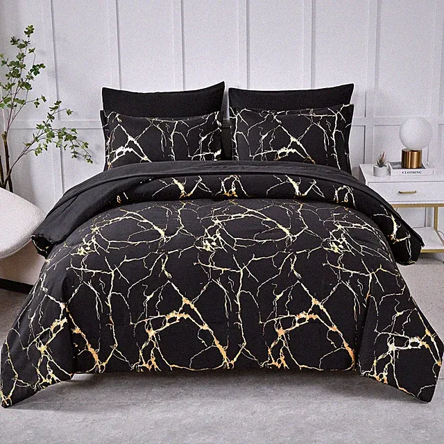 Queen Size Gold Marble Metallic Foil Comforter Set Bed in a Bag 7 Piece Luxury