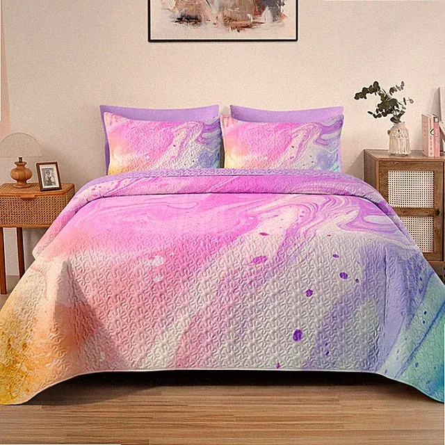 Quilt Set Full/Queen Size Tie Dye Colorful Marble 3 Pcs Soft Bed Cover Bedding