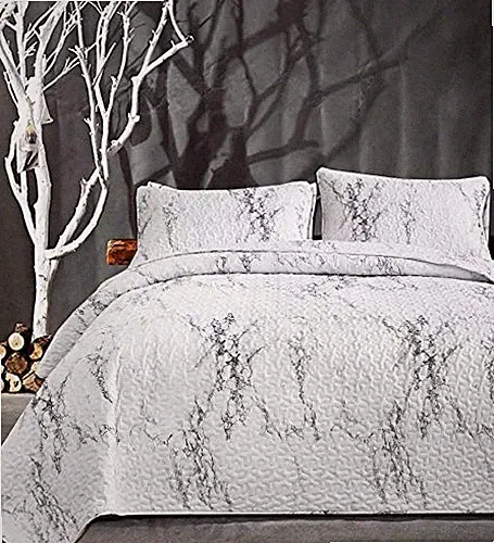 Quilt Set Queen Full Size, White and Grey Black Marble Bedspreads, Soft