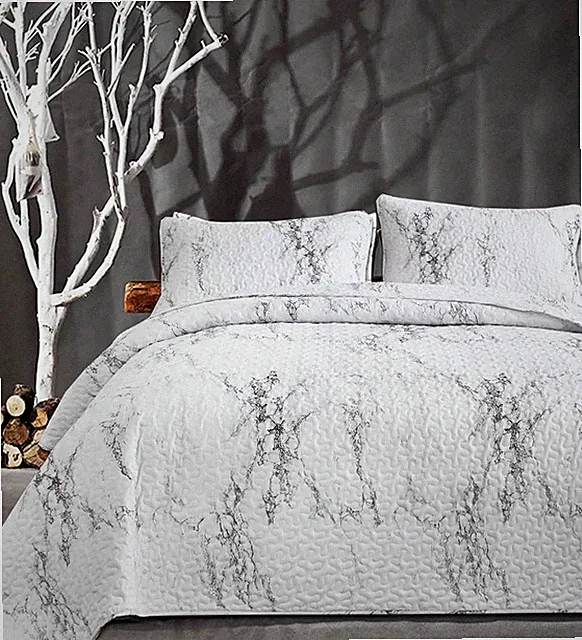 Quilt Set Queen Full Size, White and Grey Black Marble Bedspreads, Soft Lightwei