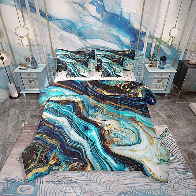 Teal Blue Marble Queen Comforter Set with Gold Sequins - 7 Pieces