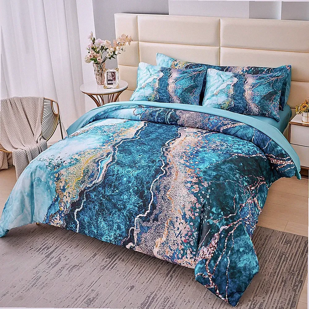 Teal Marble Queen Comforter Set - Luxury Watercolor Quilt & Bedding Set