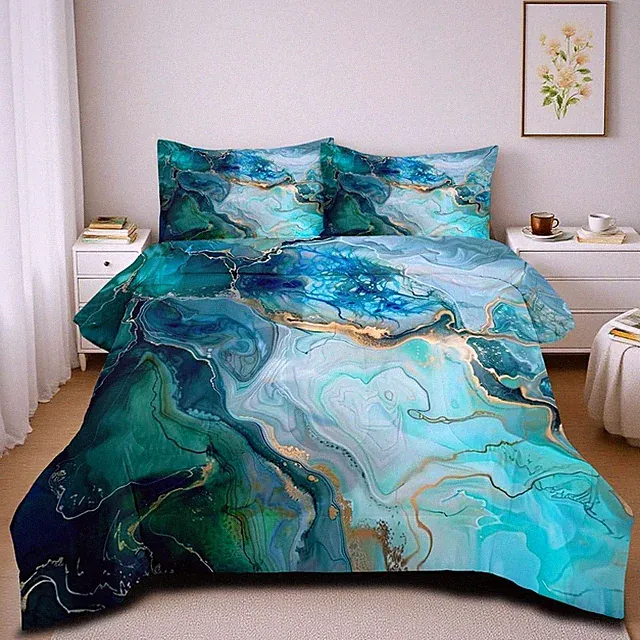 Turquoise Marble Comforter Set Queen 3pc Teal Blue Bedding Soft Lightweight