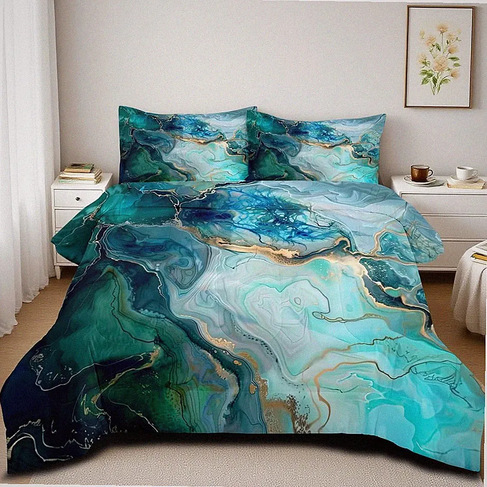 Turquoise Marble Comforter Set Queen Teal Gold Abstract Bedding 3Pc Soft Quilt