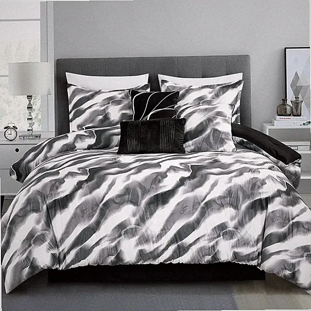 Velvet Comforter Set Black Grey Marble Abstract – 7-Piece Luxury Bedding with Co