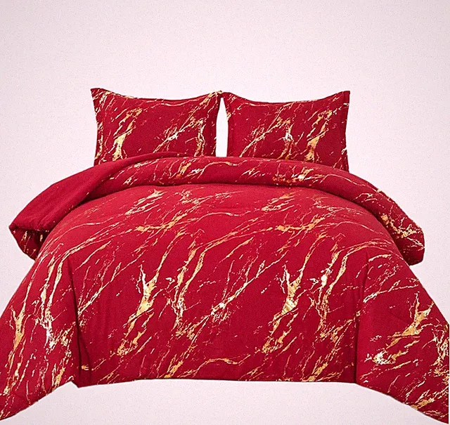 WONGS Queen King Comforter Set, Red Gold Metallic Marble Abstract Art Gradient